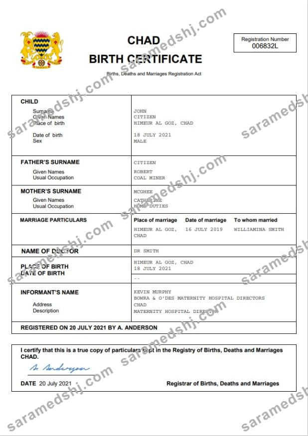 Chad birth certificate Word and PDF template